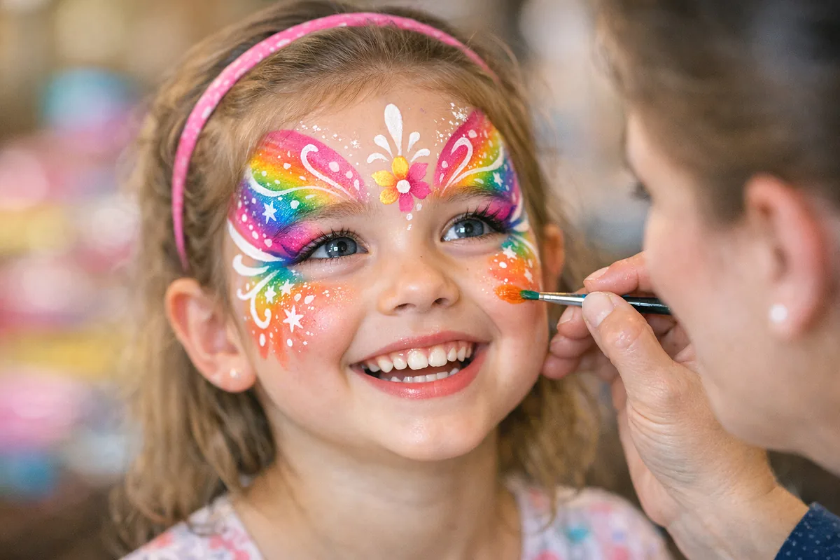 A smiling young girl getting a colorful rainbow butterfly painted on her face in the kids zone